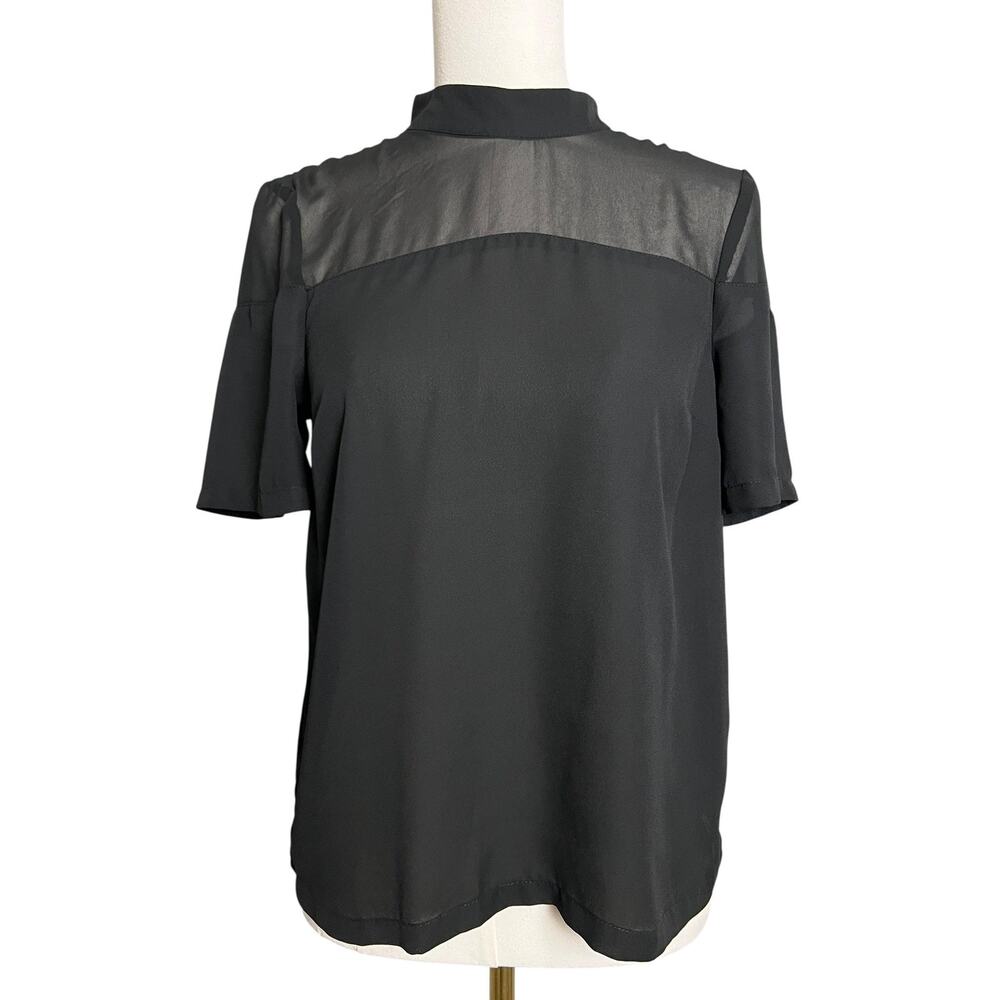 ASOS DESIGN Blouse Womens 2 Black Sheer Yoke Mock Neck Short Sleeve Chiffon Top